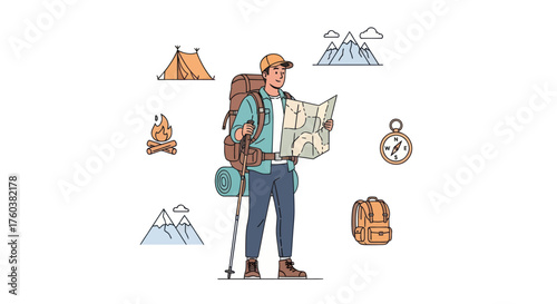 Young male hiker with a large backpack and trekking pole looking at a map surrounded by camping icons.