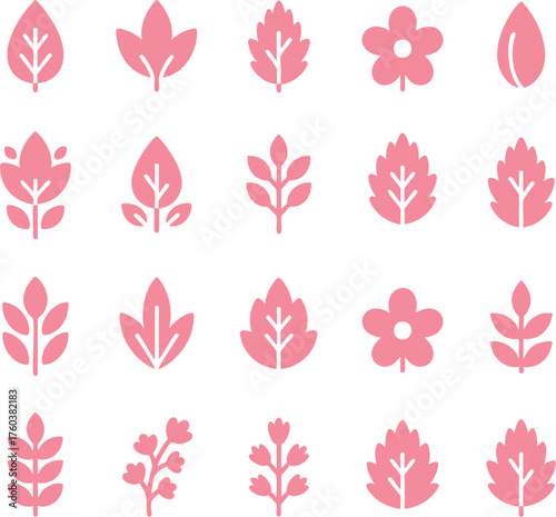 Pink botanical vector leaves and flowers set on white background