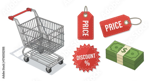Shopping Cart Price Tags Discount Sticker and Stack of Money.
