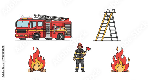 Cartoon Firefighter with Axe and Protective Gear Ready for Action.