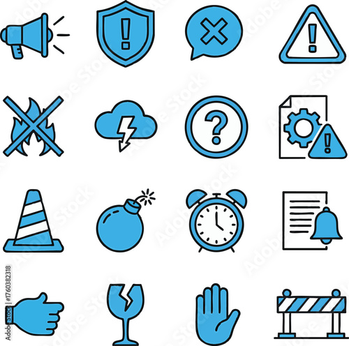 Warning Icons Vector with Blue Alert and Caution Symbols on White Background