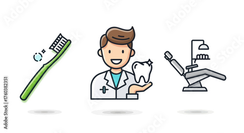 Dental Care Icons Set: Toothbrush Dentist and Chair Illustration.