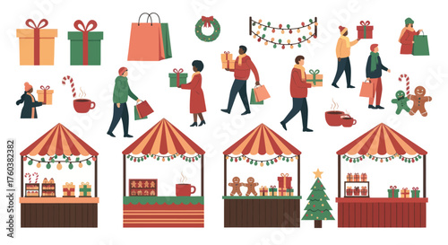 Festive Christmas Market Scene with Shoppers and Stalls.