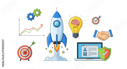 A collection of colorful business startup icons featuring a launching rocket growth chart and idea lightbulb.