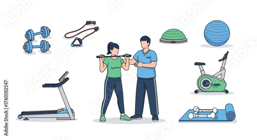 Fitness Trainer Guiding Woman with Exercise Bar in Gym.