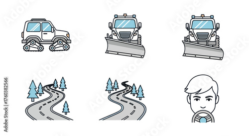 A collection of hand-drawn illustrations for winter driving including a snowplow tracked vehicle and snowy road.