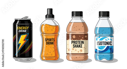 Assortment of Energy Drink and Sports Beverage Bottles.