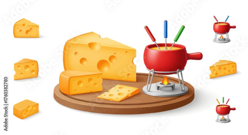 Delicious Cheese Fondue Set with Swiss Cheese Pieces.