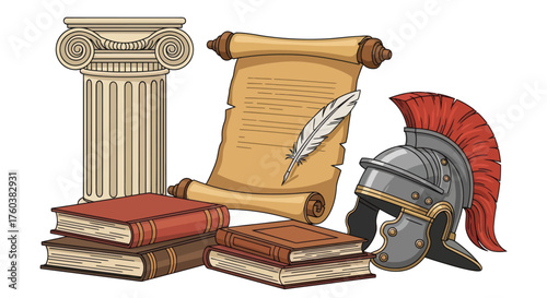 Ancient Roman Artifacts: Column Scroll Helmet and Books.