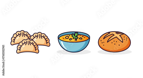 Delicious Asian Dumplings Hearty Soup and Fresh Bread Loaf Illustration.