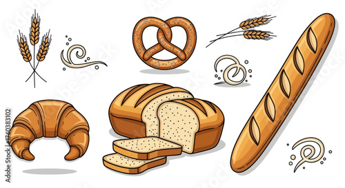 Assorted Baked Goods: Croissant Pretzel Bread and Baguette.