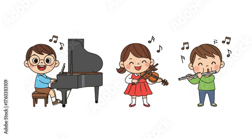 Cartoon Children Playing Musical Instruments with Joyful Expressions.