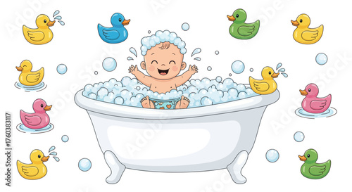Happy baby bathing in a bubble-filled bathtub with colorful rubber ducks.