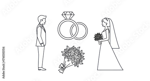 Elegant Line Art Depicting a Bride Groom Wedding Rings and Bouquet.