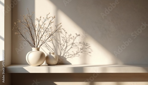 Minimalist interior photo with stylish vases and a natural branch. The light creates shadows on the wall, enhancing the clean design. This home decor photo is good for presentations.