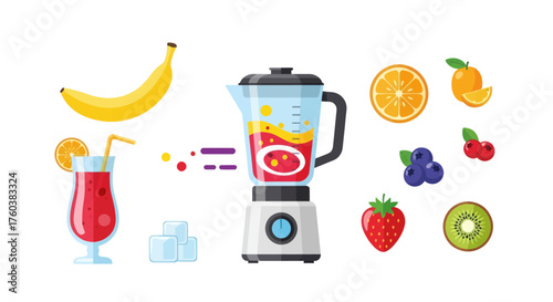 Electric blender surrounded by fresh fruit ingredients for making a healthy smoothie drink.