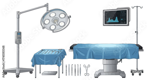 Surgical Operating Room Equipment with Medical Instruments and Monitor.