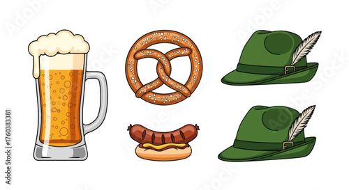 Traditional Oktoberfest items: frothy beer mug pretzel grilled sausage and green Bavarian hats.