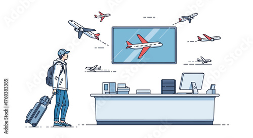 Traveler with Luggage Standing at Airport Check-in Counter.