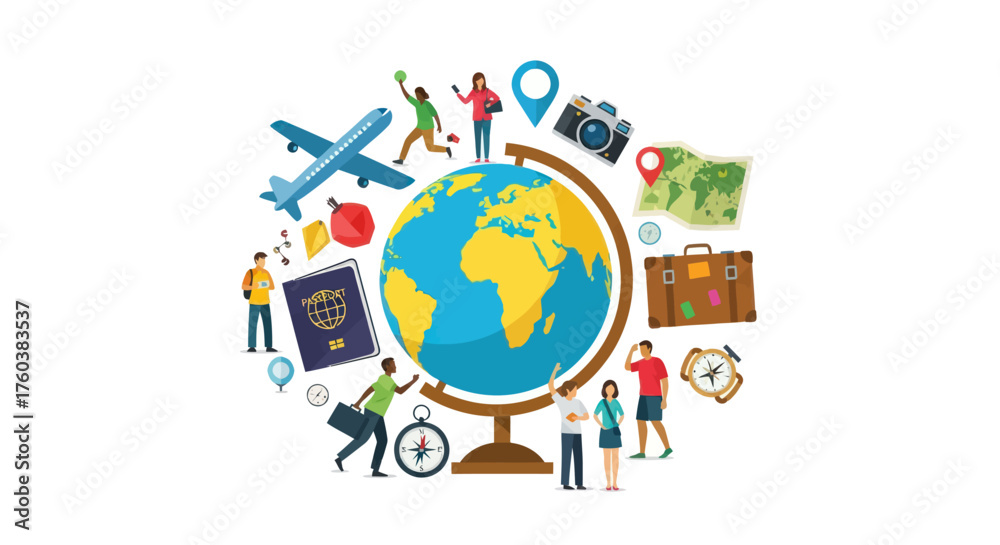 Fototapeta premium Colorful Globe Surrounded by Travel and Adventure Elements.