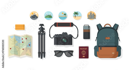 Essential Travel Gear Flat Lay: Backpack Camera Map Passport and Tripod.