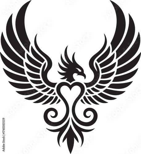 Elegant phoenix rising with heart emblem, powerful symbol