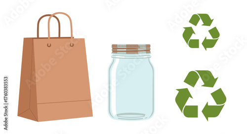 Reusable Shopping Bag Glass Jar and Recycling Symbols for Sustainable Living.