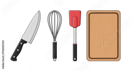 Collection of Kitchen Utensils: Chefs Knife Whisk Spatula and Baking Sheet.