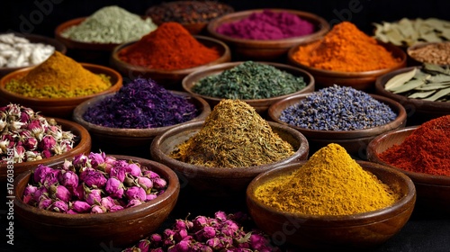 Fototapeta Naklejka Na Ścianę i Meble -  Vivid, colorful spice powders and dried botanicals displayed in wooden bowls