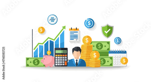 Financial Growth Investment and Business Management Illustration with Money Piggy Bank and Businessman.