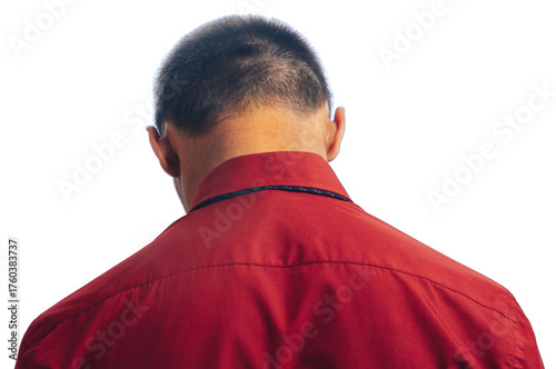 A man wearing red shirt with his back to the camera.