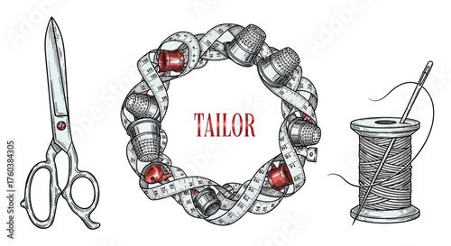 Elegant tailoring vector elements with measuring tape wreath, shears, and spool for bespoke fashion branding