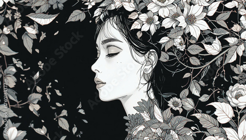 Minimalist line drawing of female portrait merging with floral leaves, contemporary vector art Ai generate 