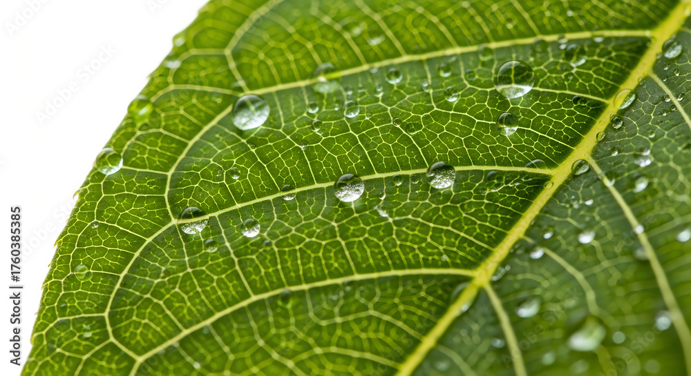 Obraz premium Close-up of green leaf with water droplets and visible veins 