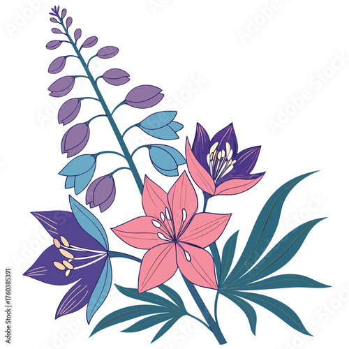 Delphinium Flower Colourful Vector On White Background