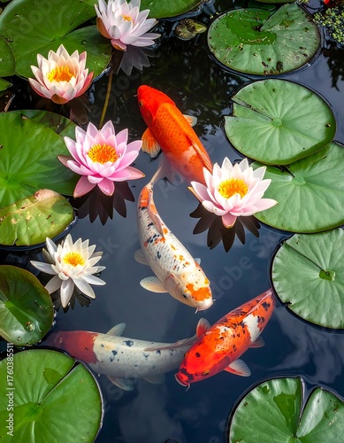 Fototapeta Naklejka Na Ścianę i Meble -  Vivid garden pond with colorful fish and blooming water lilies