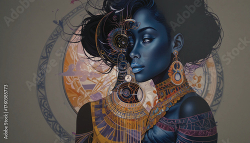 Abstract African woman silhouette with tribal jewelry, gradient colors, elegant line art, decorative fashion concept Ai Generate 