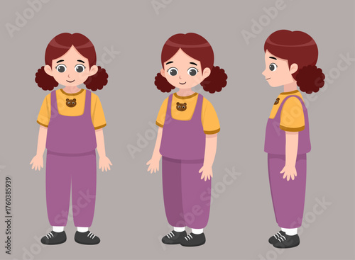 Cute Red Haired Girl Character in Purple Overalls Front  Side  and oblique View