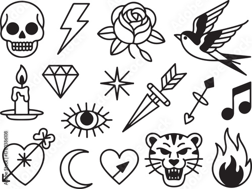 Cool tattoo flash designs: skull, rose, tiger, fire