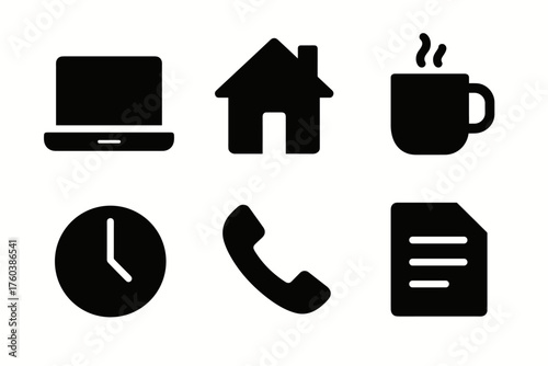 Black silhouette icons of laptop home mug clock phone and document