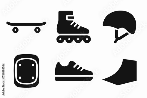 Skateboarding and rollerblading icons: skateboard, rollerblade, helmet, knee pad, sneaker, ramp