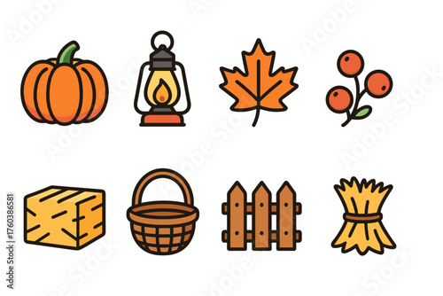 Autumn icons collection: pumpkin, lantern, leaf, berries, hay, basket, fence, sheaf symbols