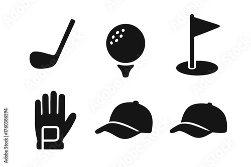 Golf icons set: club, ball, tee, hole, glove, caps