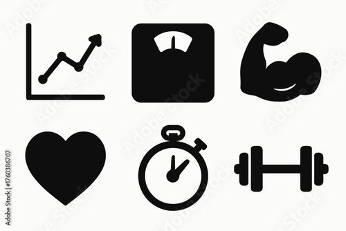 Fitness and health icons: graph, scale, muscle, heart, stopwatch, dumbbell
