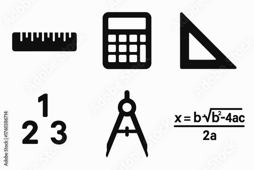 Math tools and symbols: calculator, ruler, compass, triangle, numbers, formula