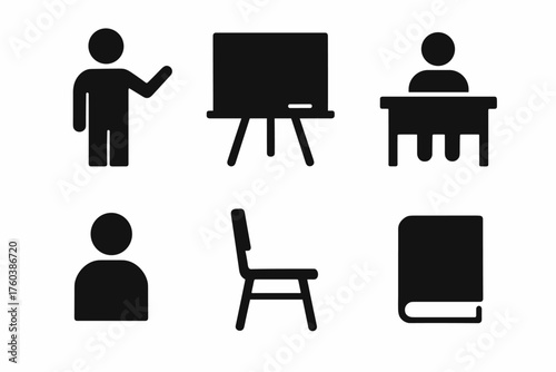 Educational icons: teacher, chalkboard, student desk, profile, chair, book
