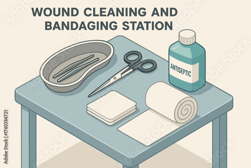 Wound cleaning station with bandages, antiseptic, and tools on table