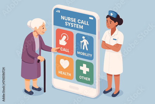 Elderly caucasian woman interacts with nurse call system and african female nurse