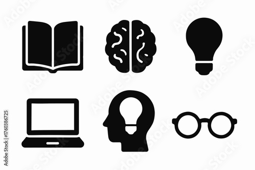 Icons of book, brain, lightbulb, laptop, head, and glasses in black and white