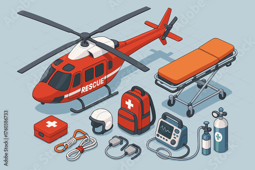 Rescue helicopter and emergency equipment: stretcher, medical supplies, and tools